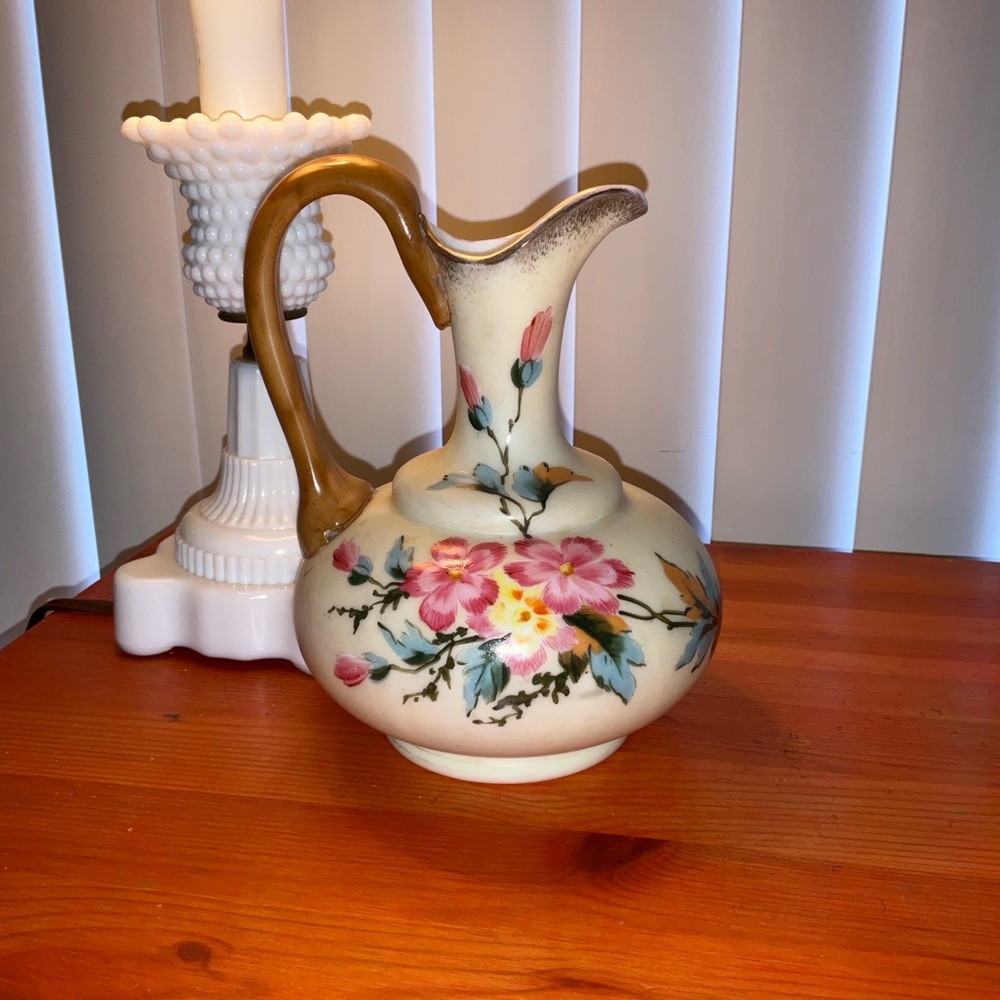 Floral Ceramic Ewer Pitcher in Cream with Pink Flowers